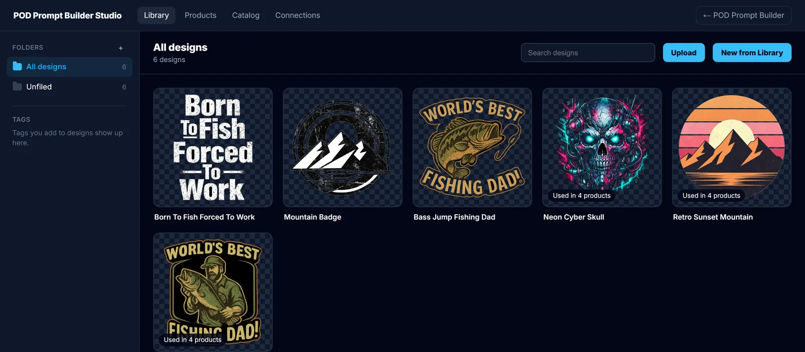 POD Prompt Builder Studio Library showing six designs with Used in 4 products badges